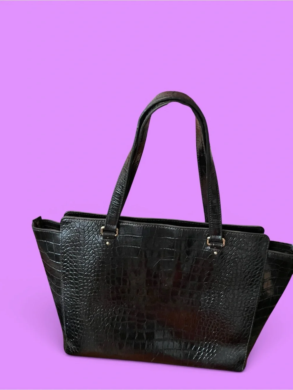 Y2K Kate Spade New York black croc work bag footed zipper top